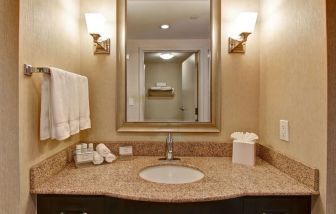 Guest bathroom with shower at Homewood Suites By Hilton Burlington.