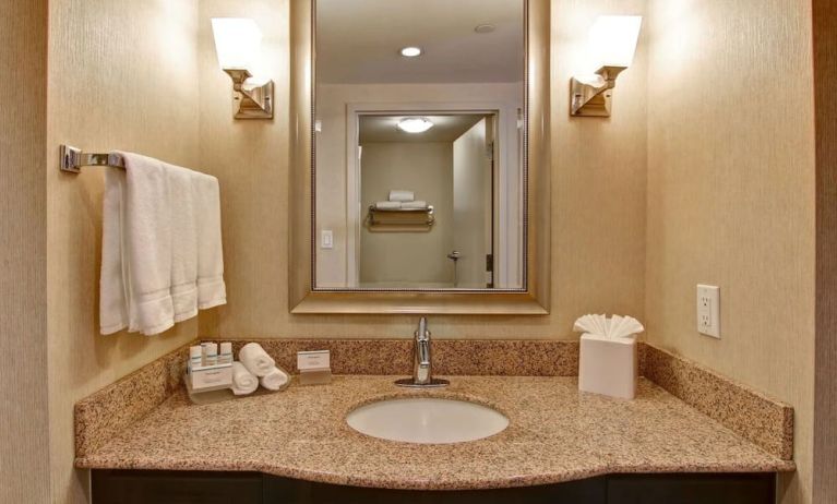 Guest bathroom with shower at Homewood Suites By Hilton Burlington.