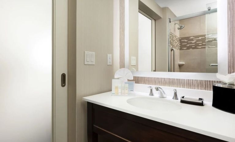 Guest bathroom with shower at Hampton Inn Manhattan/Times Square Central.