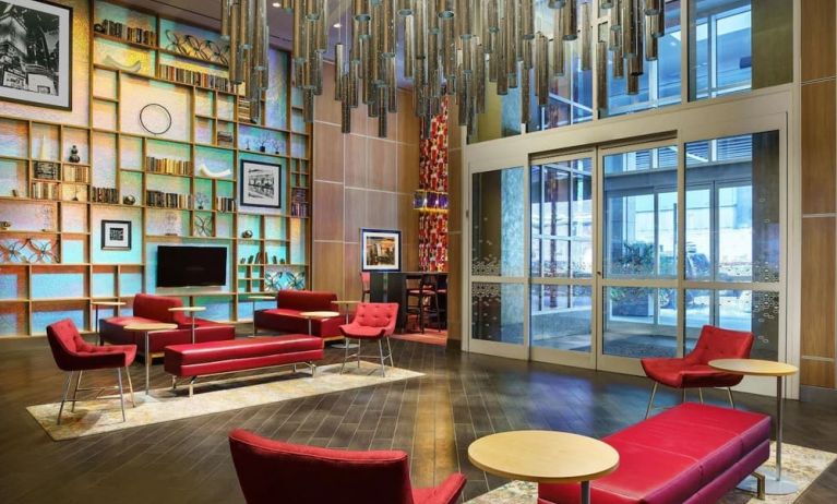 Lobby and coworking space at Hampton Inn Manhattan/Times Square Central.