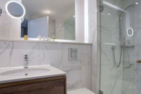 Guest bathroom with shower at DoubleTree By Hilton Stoke On Trent.