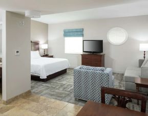 Delux king room with TV and lounge area at Hampton Inn New Smyrna Beach.