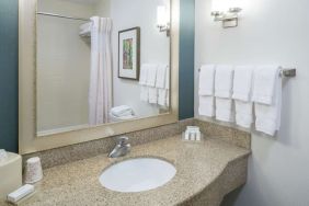 Guest bathroom with shower at Hilton Garden Inn Dothan.