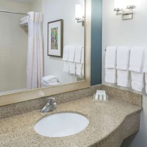 Guest bathroom with shower at Hilton Garden Inn Dothan.