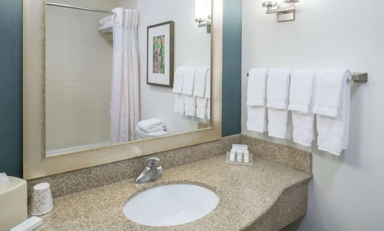 Guest bathroom with shower at Hilton Garden Inn Dothan.