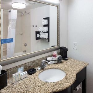 Guest bathroom with shower at Hampton Inn & Suites Gainesville-Downtown.