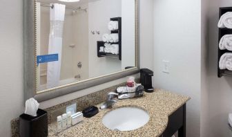 Guest bathroom with shower at Hampton Inn & Suites Gainesville-Downtown.