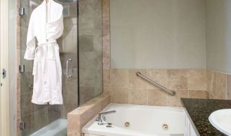 Guest bathroom with shower and bath at Hilton San Antonio Hill Country.