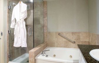 Guest bathroom with shower and bath at Hilton San Antonio Hill Country.