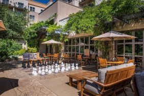 Outdoor garden and coworking space at Hilton San Antonio Hill Country.