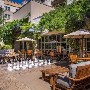 Outdoor garden and coworking space at Hilton San Antonio Hill Country.