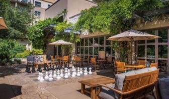 Outdoor garden and coworking space at Hilton San Antonio Hill Country.