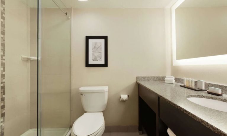 Guest bathroom with shower at Embassy Suites By Hilton Arcadia Pasadena Area.