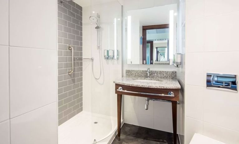 Guest bathroom with shower at Hampton By Hilton Humberside Airport.