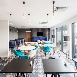 Dining and coworking space at Hampton By Hilton Humberside Airport.