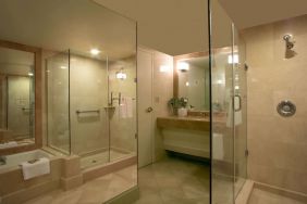 Guest bathroom with shower at Hilton Los Angeles Airport.