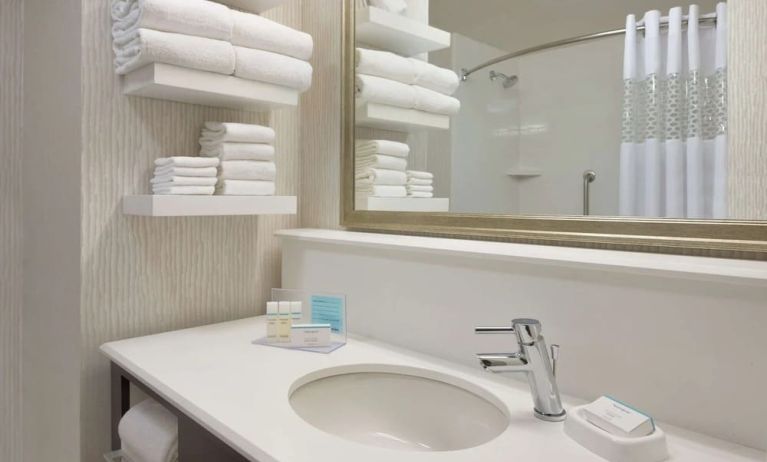 Guest bathroom with shower at Hampton Inn & Suites Rosemont Chicago O'Hare.