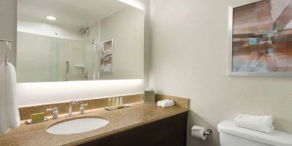 Private guest bathroom at DoubleTree By Hilton Hartford - Bradley Airport.