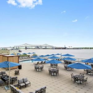 Lovely outdoor terrace and coworking space at Hilton Baton Rouge Capitol Center.