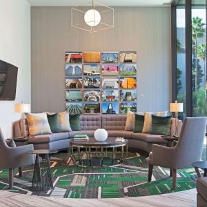 Lounge and coworking space at H Hotel Los Angeles, Curio Collection By Hilton.