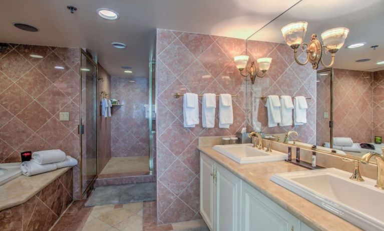 Guest bathroom with shower at Embassy Suites By Hilton Convention Center Las Vegas.