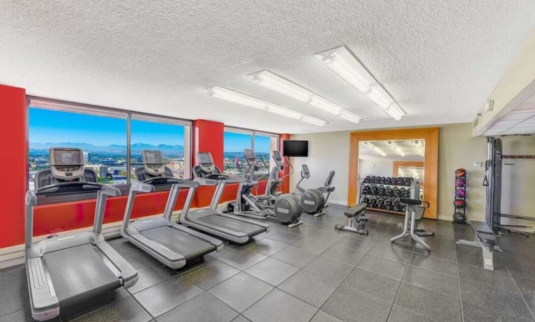 Fitness center with treadmills and view at the DoubleTree by Hilton Anaheim/Orange County.