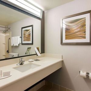 Guest bathroom with shower at Sonesta Emeryville - San Francisco Bay Bridge.