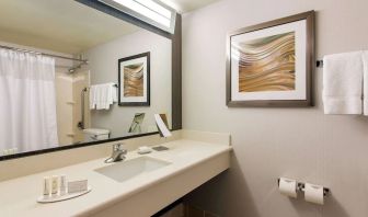 Guest bathroom with shower at Sonesta Emeryville - San Francisco Bay Bridge.