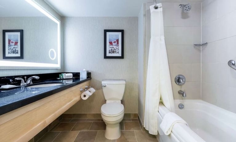 Guest bathroom with shower and bath at Hilton Whistler Resort & Spa.