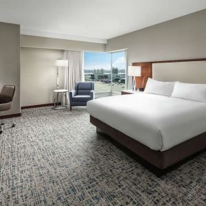 Delux king room with natural light at Hilton Boston Logan Airport.