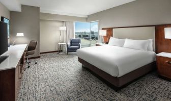 Delux king room with natural light at Hilton Boston Logan Airport.