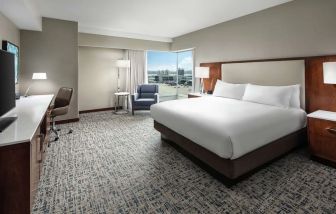 Delux king room with natural light at Hilton Boston Logan Airport.