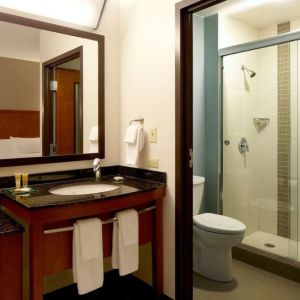 Guest bathroom with shower at Hyatt Place Chicago, Lombard / Oak Brook.