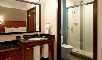 Guest bathroom with shower at Hyatt Place Chicago, Lombard / Oak Brook.