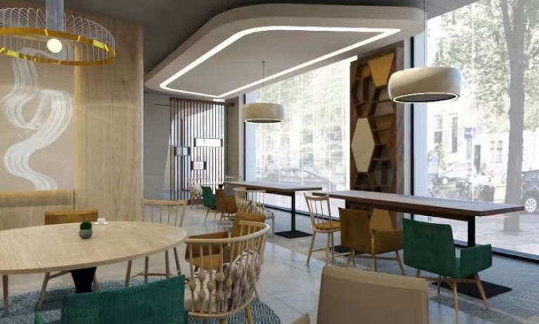 Dining and coworking space at Hampton By Hilton Szczecin East.