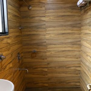 Guest bathroom with shower and towels at Hotel Alka Residency.