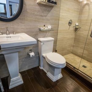 Guest bathroom with shower at Hotel Croydon.