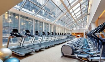 Large fitness center with treadmills at the New York Hilton Midtown.