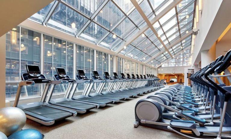 Large fitness center with treadmills at the New York Hilton Midtown.