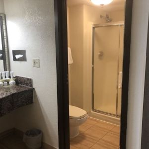 Private guest bathroom at Radisson Hotel Schaumburg.