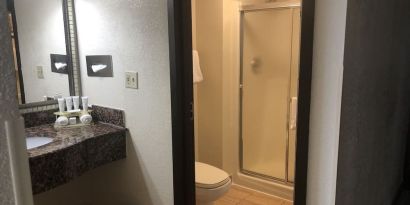 Private guest bathroom at Radisson Hotel Schaumburg.