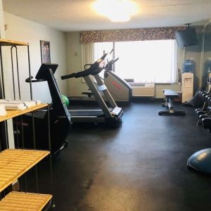 Fitness center available Delux king room bath at Radisson Hotel Schaumburg.