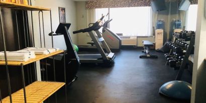 Fitness center available Delux king room bath at Radisson Hotel Schaumburg.