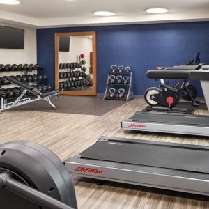 The Hampton Inn Chicago O`Hare’s fitness center includes a range of exercise machines and weights.