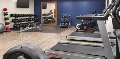 The Hampton Inn Chicago O`Hare’s fitness center includes a range of exercise machines and weights.