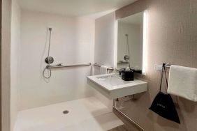 Guest bathroom with shower at Sleep Inn Oakbrook Terrace.