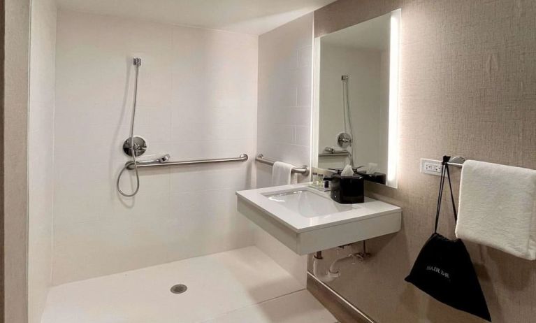 Guest bathroom with shower at Sleep Inn Oakbrook Terrace.