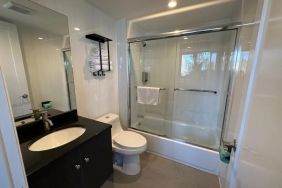 Guest bathroom with shower at Regal Inn & Suites New York.