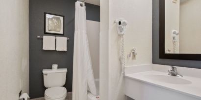 Private bathroom with shower at OYO Townhouse Orlando West.