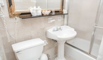 Guest bathroom with shower at Da Vinci Hotel.